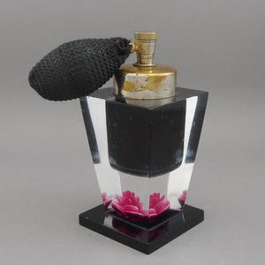 Vintage 1940s / 50s Evans Perfume Atomizer - Clear and Black Lucite Scent Bottle with Encased Pink Rose