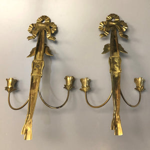 A Pair of Vintage 1976 Bicentennial Wall Sconces - Brass Candlesticks Candle Holders by Virginia Metalcrafters - Eagle and Ribbon Design