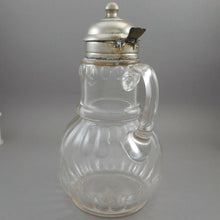 Load image into Gallery viewer, Antique EAPG Syrup Pitcher Dispenser Glass Hinged Metal Pewter Finish Lid Spout