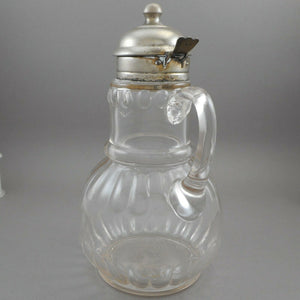 Antique EAPG Syrup Pitcher Dispenser Glass Hinged Metal Pewter Finish Lid Spout