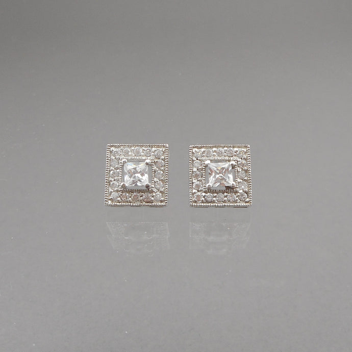 Vintage Crystal or CZ Cubic Zirconia Square Stud Earrings - Sterling Silver with Open Back Stones - Pierced / Post