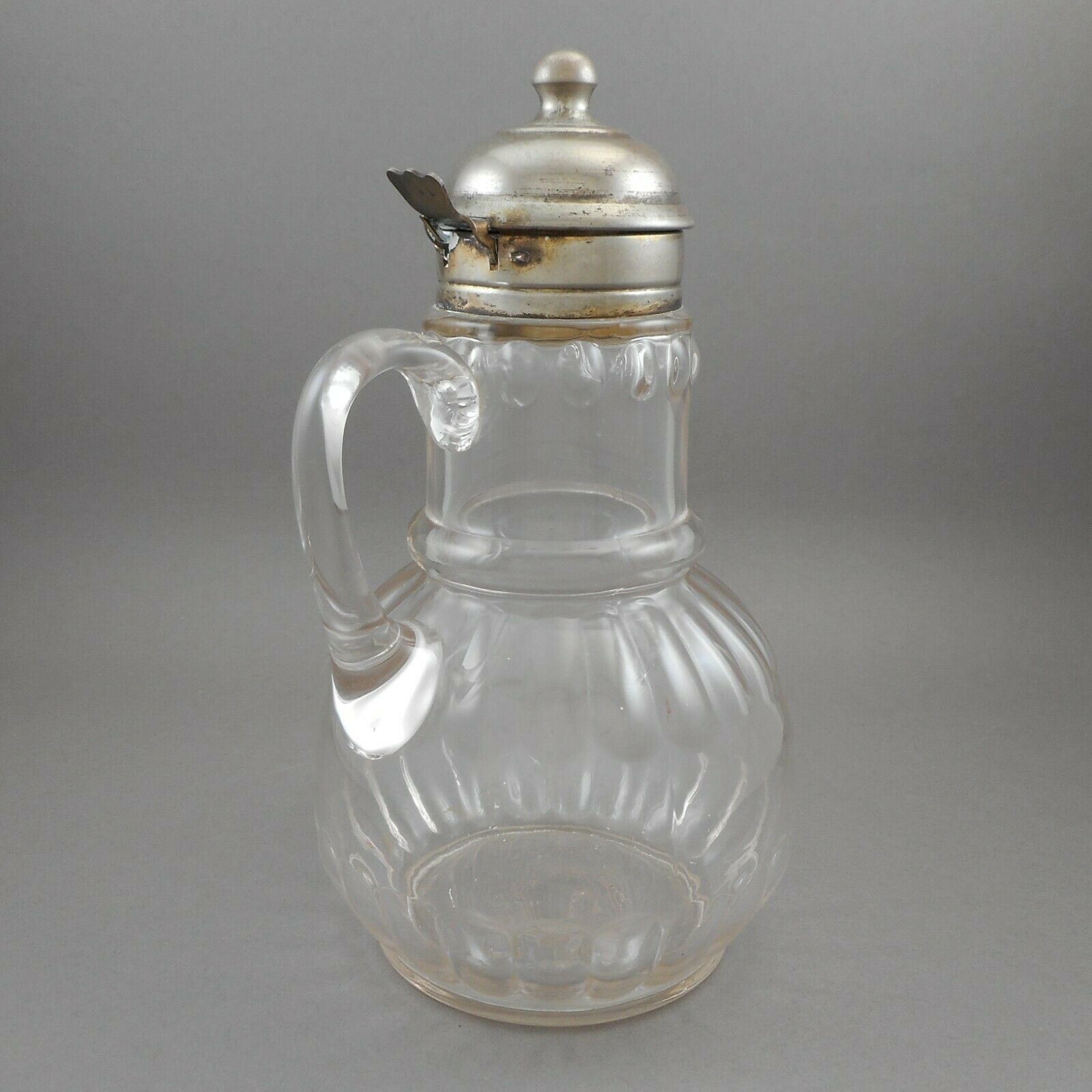 Antique EAPG Syrup Pitcher Dispenser Glass Hinged Metal Pewter