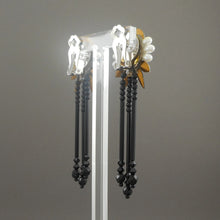 Load image into Gallery viewer, Vintage c. 1990 French Jet Dangle Earrings - Long Shoulder Duster Style - Black Glass Beads, Faux Pearls and Rhinestones - Clip On