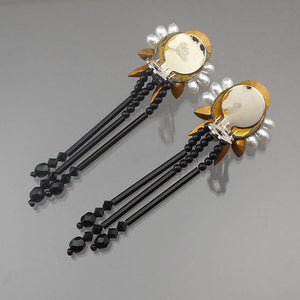 Vintage c. 1990 French Jet Dangle Earrings - Long Shoulder Duster Style - Black Glass Beads, Faux Pearls and Rhinestones - Clip On