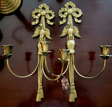 Load image into Gallery viewer, A Pair of Vintage 1976 Bicentennial Wall Sconces - Brass Candlesticks Candle Holders by Virginia Metalcrafters - Eagle and Ribbon Design
