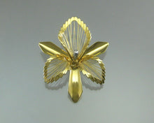 Load image into Gallery viewer, A large scale vintage gold tone and rhinestone flower statement brooch. Signed designer pin by Monet in an orchid design. Excellent vintage pre-owned condition. Barely, if ever, worn. FREE Shipping to US locations
