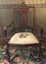Load image into Gallery viewer, Antique Victorian or Edwardian Carved Mahogany Arm Chair Wood and Mother of Pearl Inlay