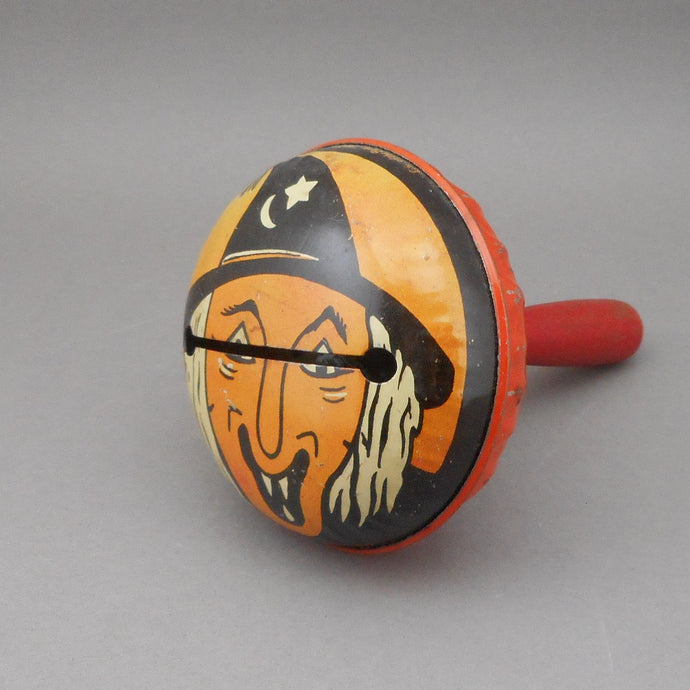 Vintage Kirchhof USA Halloween Tin Bell Rattle Party Noisemaker Smiling Witch
