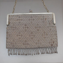 Load image into Gallery viewer, Antique French Art Deco or Edwardian Silver Steel Cut Micro Beads Purse Evening Bag Geometric Design with Fringe