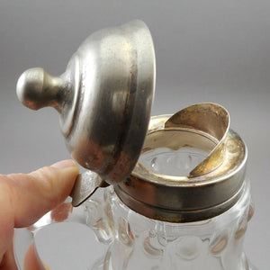 Antique EAPG Syrup Pitcher Dispenser Glass Hinged Metal Pewter Finish Lid Spout