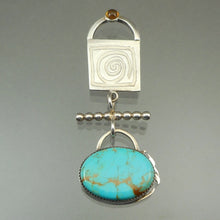 Load image into Gallery viewer, Vintage 1990s Brooch by American artist Amy S. White-Luke. Handcrafted in the USA of turquoise, amber and sterling silver. Excellent vintage pre-owned condition with expected surface scratches, mainly on the reverse, and tarnish.  FREE Shipping via USPS standard shipping to Continental US locations