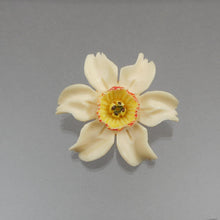 Load image into Gallery viewer, Antique Carved Celluloid Flower Brooch - An early plastic &quot;faux ivory&quot; pin in the form of a daffodil with a painted yellow center. Circa 1920 with a C clasp.  Approximately 1 1/2&quot; diameter  Excellent antique / vintage pre-owned condition FREE Shipping via USPS standard shipping to US locations