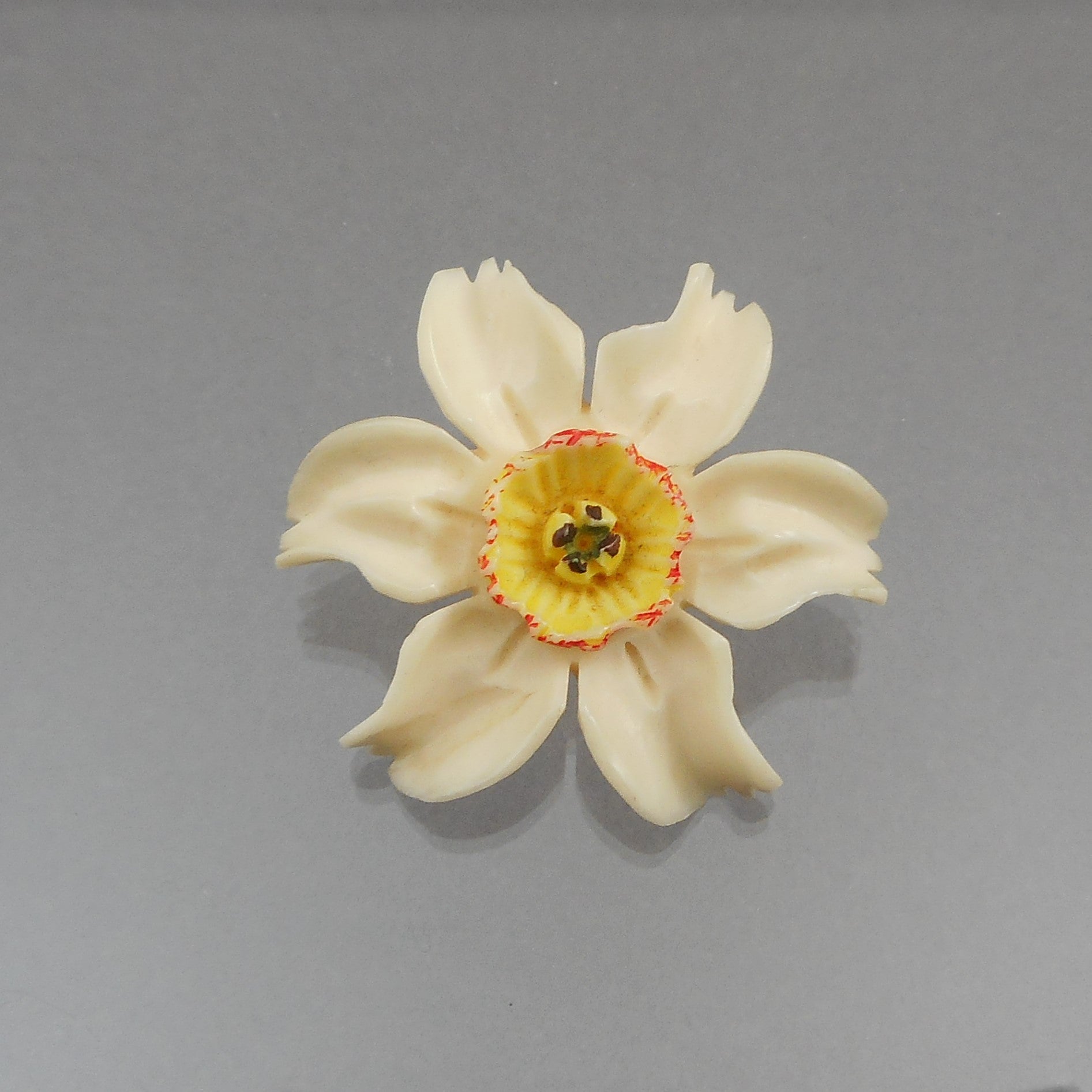 Antique Vintage Carved Celluloid Brooch Daffodil Flower Pin Faux Ivory –  Lori Bilodeau Antiques