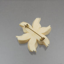 Load image into Gallery viewer, Antique or Vintage Carved Celluloid Brooch -  Early Plastic Daffodil Flower Pin with C Clasp, Faux Ivory