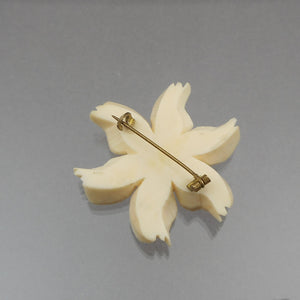 Antique or Vintage Carved Celluloid Brooch -  Early Plastic Daffodil Flower Pin with C Clasp, Faux Ivory