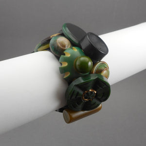 Handmade Jewelry Set of Vintage Early Plastic and Bakelite Buttons - Bracelet and Brooch - Green, Earth Tones
