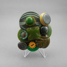 Load image into Gallery viewer, Handmade Jewelry Set of Vintage Early Plastic and Bakelite Buttons - Bracelet and Brooch - Green, Earth Tones