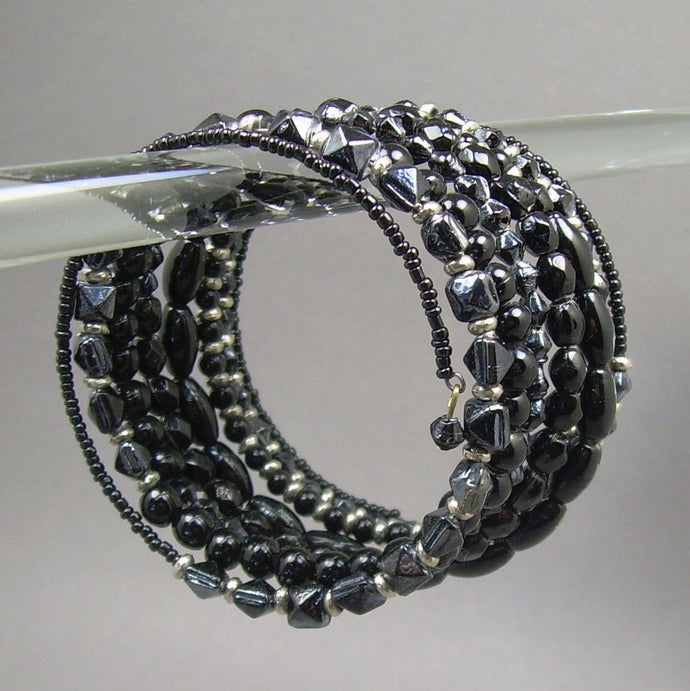 Vintage Beaded Wrap Around Cuff Bracelet - Black Glass and Silver Tone - Round, Oval, Seed Beads on a Wire Coil