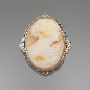 Vintage Cameo Brooch - Victorian Revival Style, Carved Shell with Silver Plated Filigree Setting
