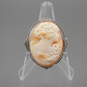 Vintage or antique carved shell cameo brooch in a silver plated setting. Victorian Revival style in a delicate floral and filigree frame.  Approximately 1 3/8" x 1 5/8".  Vintage pre-owned condition