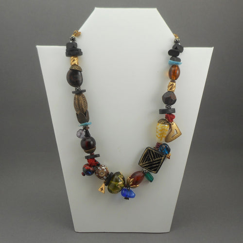 Chico's Statement Necklace with Vintage Look Beads and Charms - Wood, Plastic, Shell, Murano Style Glass