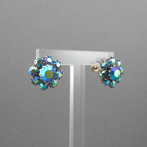 Vintage 1950s Screw Back AB Rhinestone Earrings - Flower Design, Blue Green Aurora Borealis, Gold Tone Finish