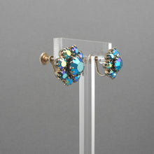 Load image into Gallery viewer, Vintage 1950s Screw Back AB Rhinestone Earrings - Flower Design, Blue Green Aurora Borealis, Gold Tone Finish