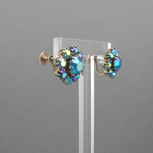 Vintage 1950s Screw Back AB Rhinestone Earrings - Flower Design, Blue Green Aurora Borealis, Gold Tone Finish