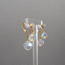 Load image into Gallery viewer, Vintage 1950s Clip On Dangle Earrings - AB Crystal Glass Beads, Gold Tone Setting