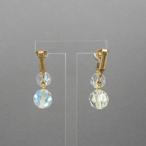 Vintage 1950s Clip On Dangle Earrings - AB Crystal Glass Beads, Gold Tone Setting