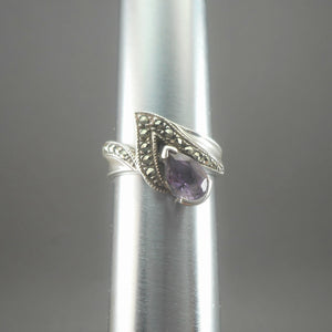 Vintage Amethyst and Marcasite Ring - Pear Shaped Stone, Sterling Silver Setting, Size 7 3/4