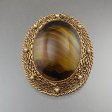 Load image into Gallery viewer, Vintage 1960s Victorian Revival Brooch / Pendant - Faux Tortoiseshell or Tiger&#39;s Eye Glass, Faux Pearls, Gold Tone Filigree Setting