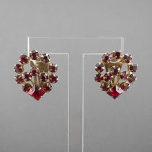 Load image into Gallery viewer, Vintage 1950s Red Rhinestone Clip On Earrings - Flower Basket Design, Gold Tone Finish