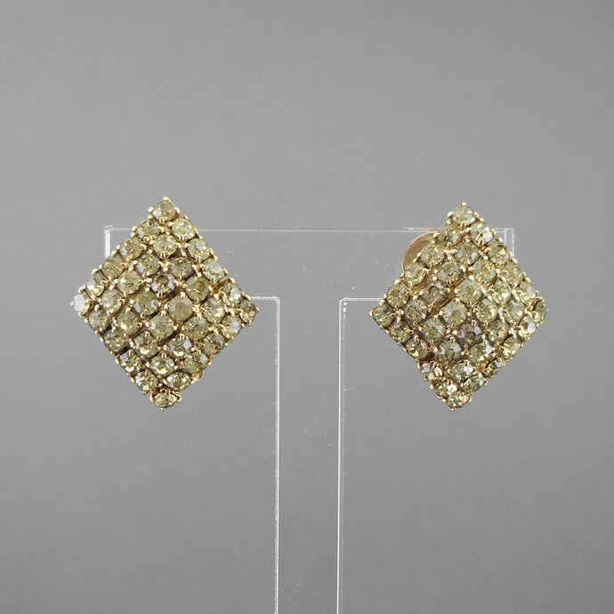 Vintage 1950s Rhinestone Clip On Earrings - Diamond Shape, Gold Tone Finish
