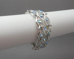 Vintage 1950s Jewelry Set - Silver Tone Necklace and Bracelet, Blue Aurora Borealis Rhinestones