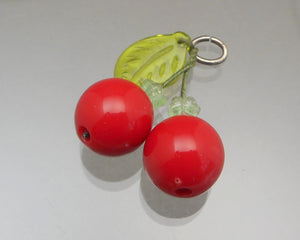 Vintage 1950s Lucite and Glass Cherry Pendant - Red and Green
