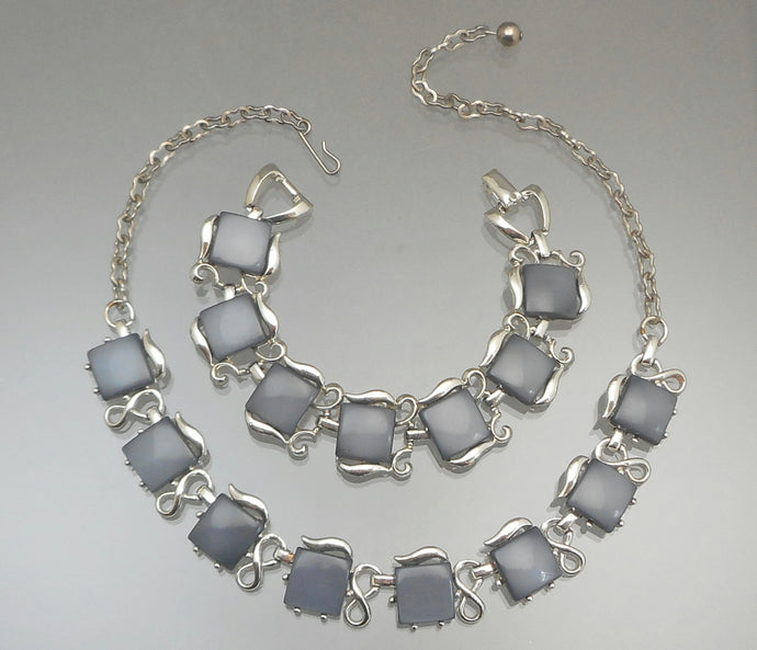 Vintage Mid Century Faux Grey Moonstone Jewelry Set - Necklace and Bracelet, Thermoset Plastic
