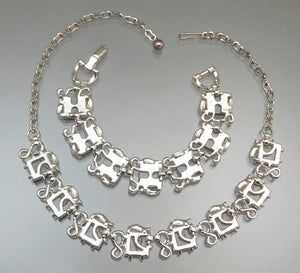 Vintage Mid Century Faux Grey Moonstone Jewelry Set - Necklace and Bracelet, Thermoset Plastic