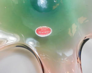 Vintage Murano Handblown Art Glass Bowl - Basket Form, Pink and Green