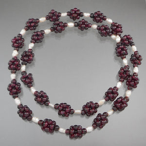 Vintage Handcrafted Garnet Bead Necklace. Maker unknown. Clusters of garnet beads strung with natural pearls.  Approximately 1/2" x 27 1/2"  Excellent vintage pre-owned condition.  FREE US Shipping 