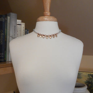 Vintage Handcrafted Collar Necklace with Heart Charms - Opalescent, Pink Glass and Gold Tone Beads