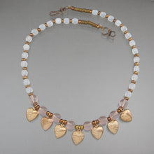 Load image into Gallery viewer, Vintage Handcrafted Collar Necklace. Gold tone heart shaped charms with opalescent and pale pink glass beads. Artist unknown. Approximately 3/4&quot; x 16 1/2&quot; Excellent vintage pre-owned condition. FREE Shipping via USPS standard shipping to Continental US locations