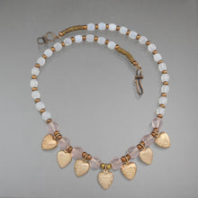Load image into Gallery viewer, Vintage Handcrafted Collar Necklace with Heart Charms - Opalescent, Pink Glass and Gold Tone Beads