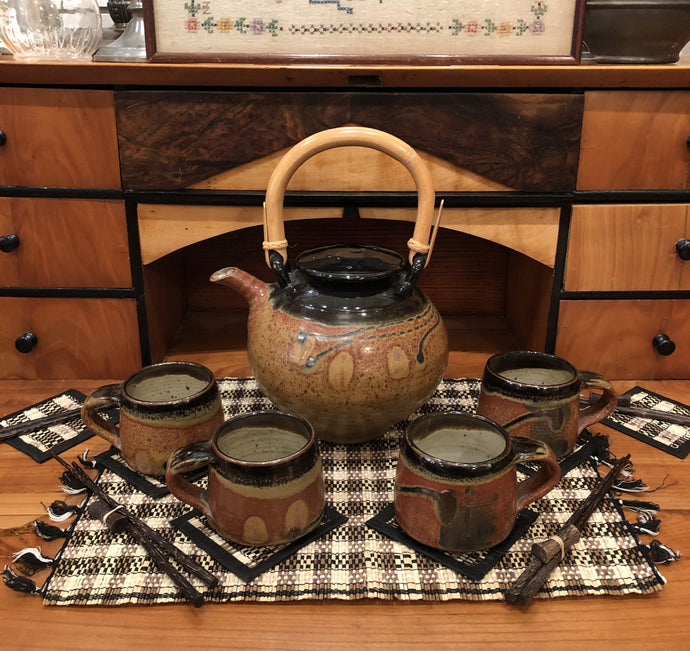 Vintage Artisan Crafted Ceramic Teapot and 4 Cup Set - Hand Made, Asian Style, Pottery and Bamboo