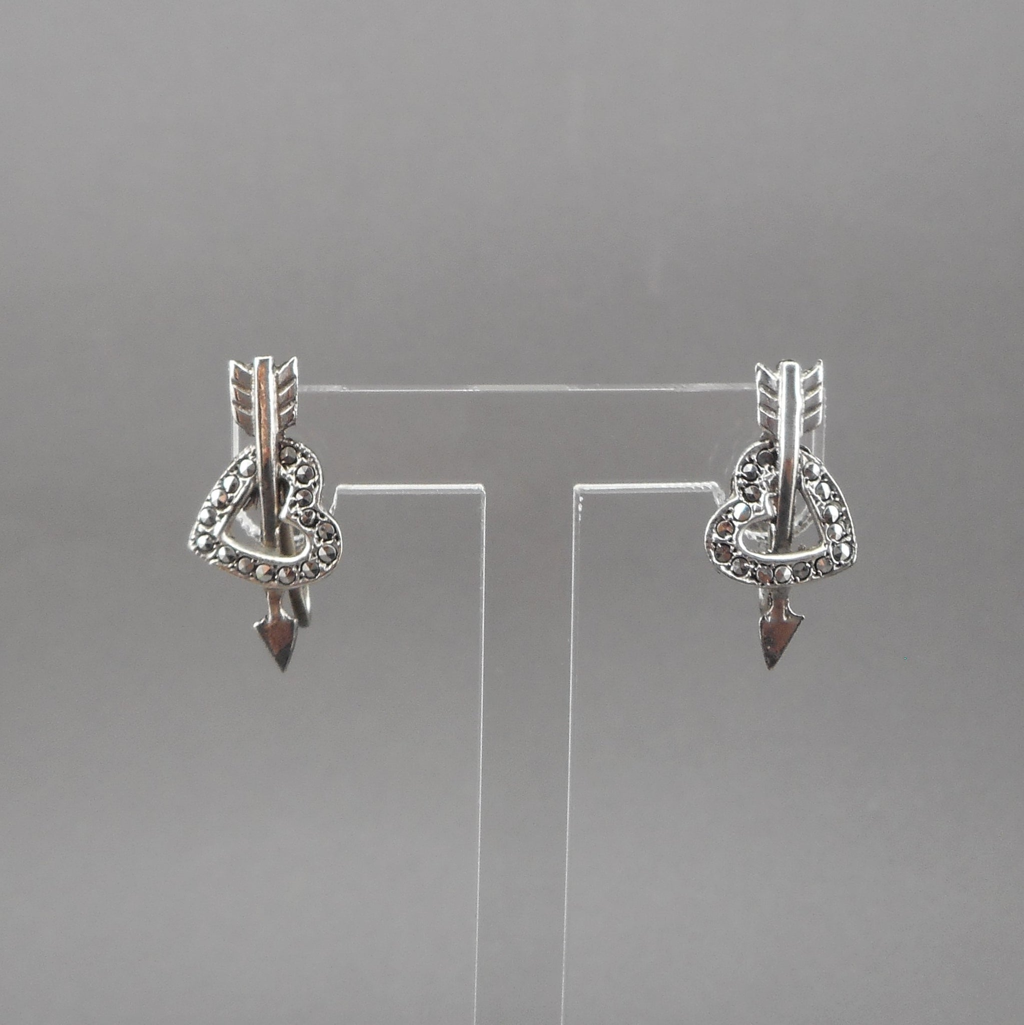Vintage Marcasite Sterling Silver Screw Back Earrings Hearts w/ Arrows –  Lori Bilodeau Antiques