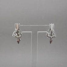 Load image into Gallery viewer, A circa 1950 pair of heart and arrow design earrings. Screw backs for non pierced ears of sterling silver with marcasite stones.  Each approximately 1/2&quot; x 1&quot;  Excellent vintage pre-owned condition with all stones in place. Minor surface scratches and tarnish.  FREE US Shipping via USPS standard shipping