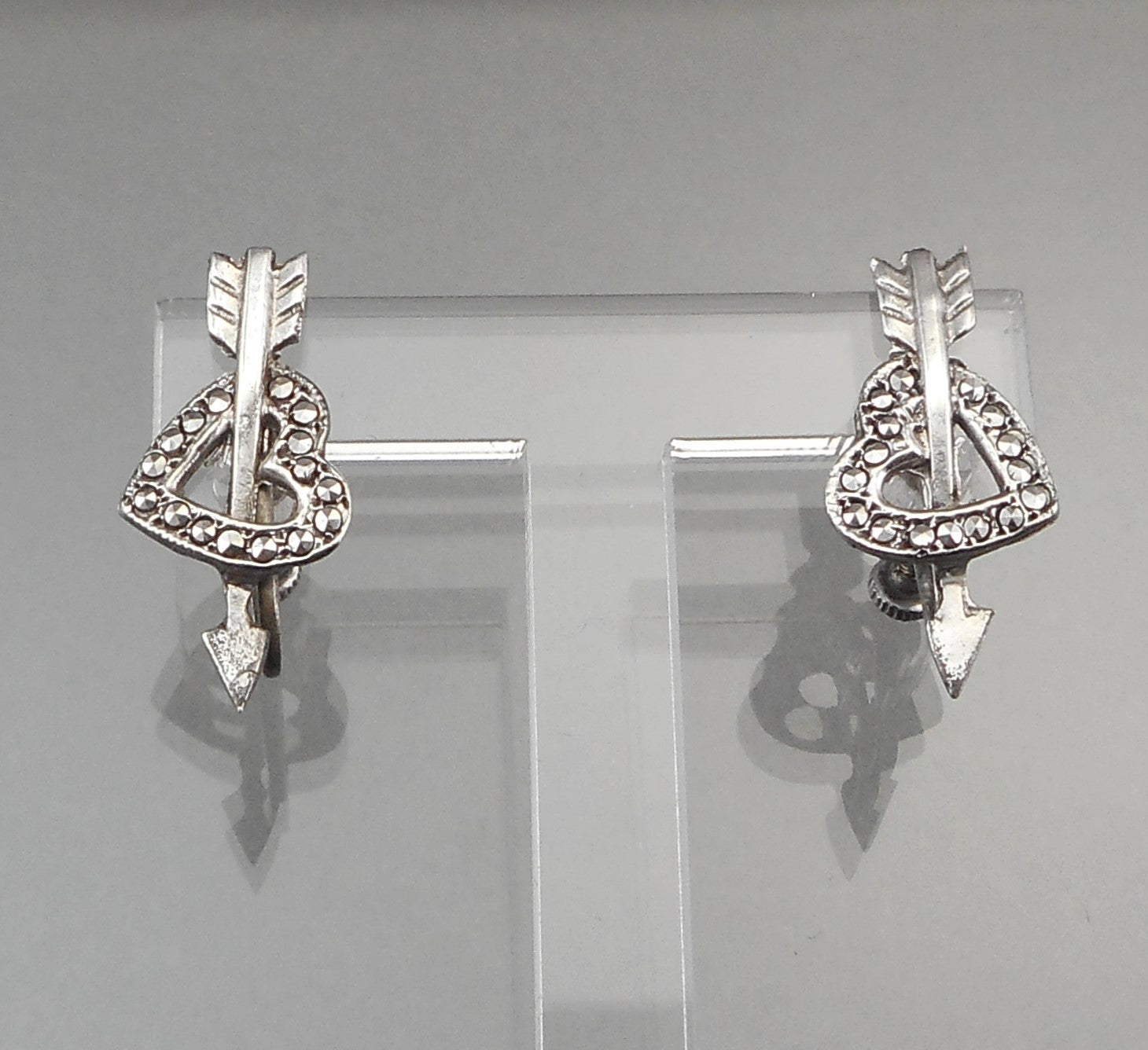 Vintage Marcasite Sterling Silver Screw Back Earrings Hearts w/ Arrows –  Lori Bilodeau Antiques