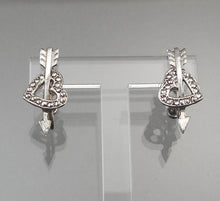 Load image into Gallery viewer, Vintage Marcasite Sterling Silver Screw Back Earrings  - Hearts with Arrows, for Valentines Day