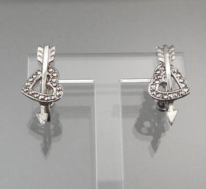 Vintage Marcasite Sterling Silver Screw Back Earrings  - Hearts with Arrows, for Valentines Day