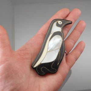 Large Vintage Penguin Brooch - Mother of Pearl Shell Inlay, Black and White Plastic Pin